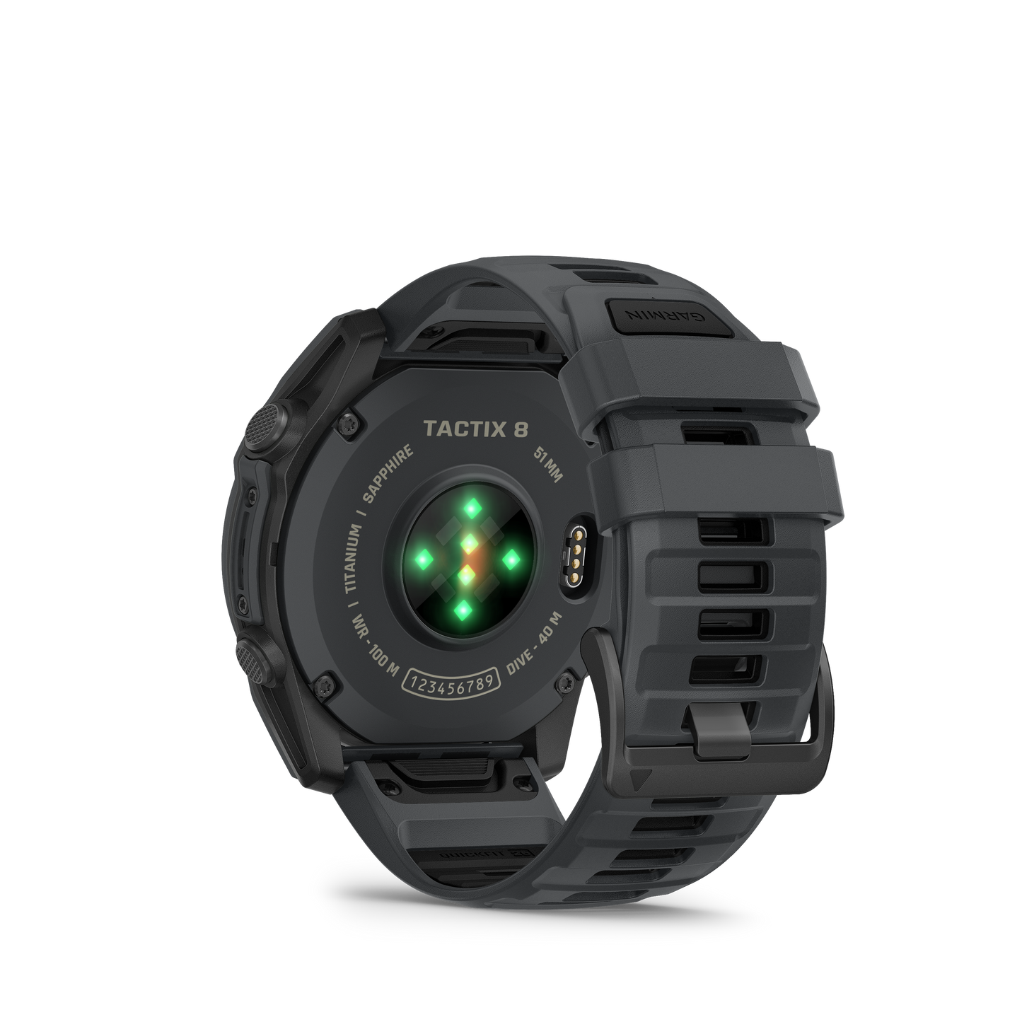 Garmin Tactix 8 smartwatch rear view; 51mm Cerakote-coated titanium case with sapphire, dark gray strap