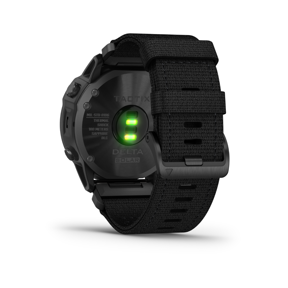 Garmin Tactix Delta Solar Edition smartwatch with black nylon strap and green sensor LEDs