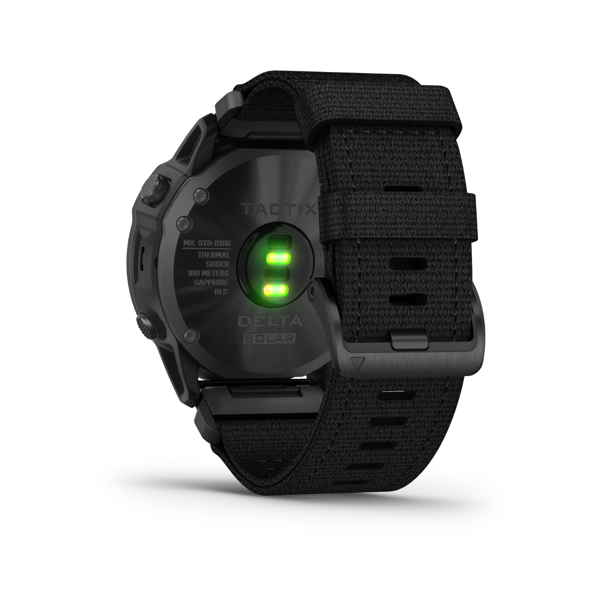 Garmin Tactix Delta Solar rugged GPS smartwatch with black fabric strap, certified refurbished