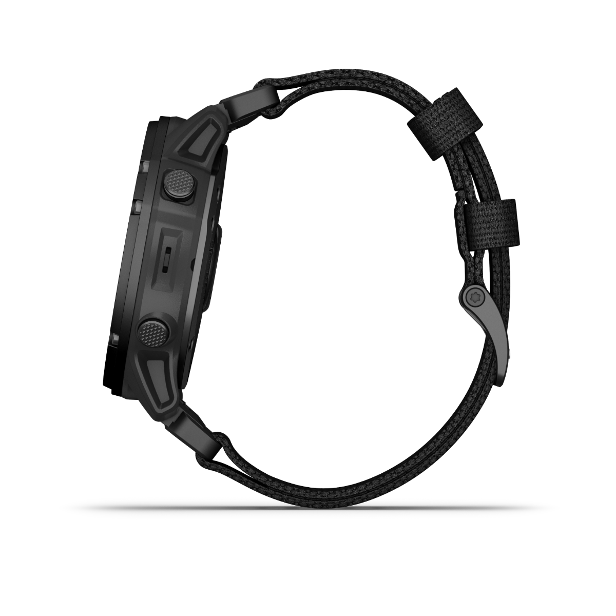 Garmin Tactix Delta Solar Edition smartwatch in black with rugged case and woven strap, side view
