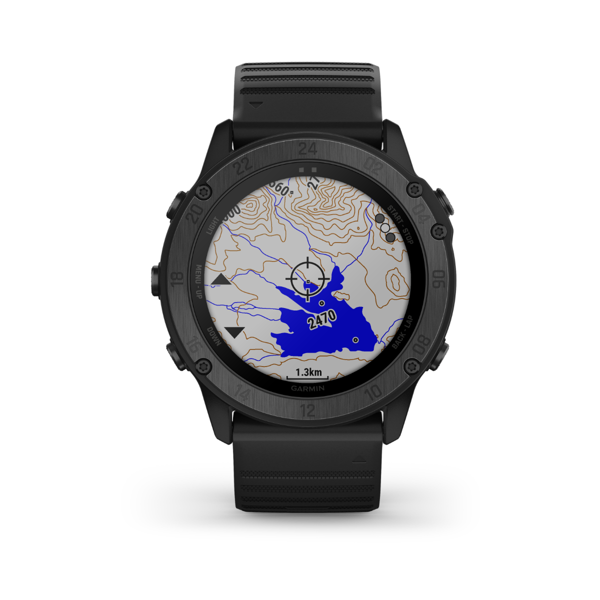 Garmin Tactix Delta Sapphire Edition smartwatch with black case and strap, map display.