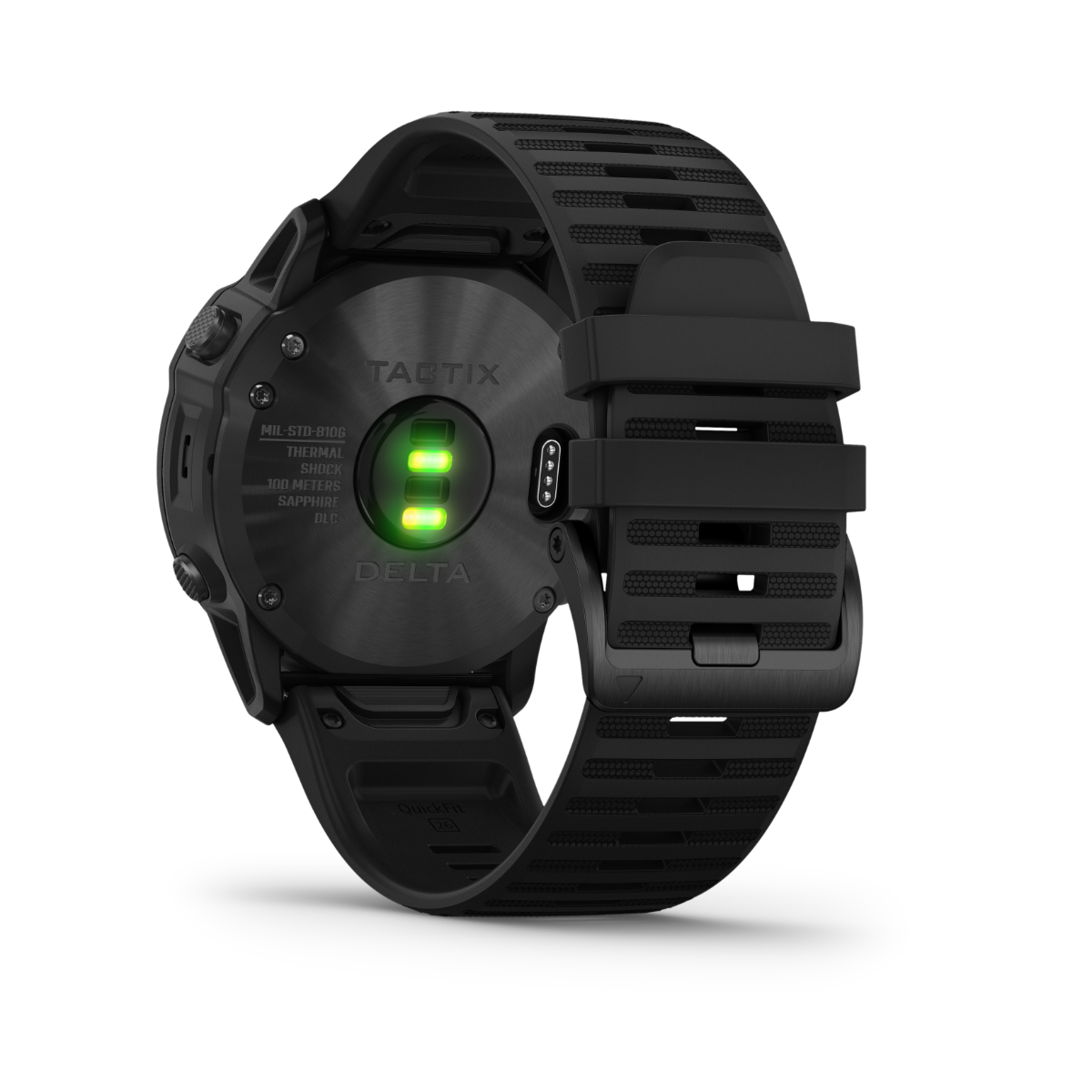 Garmin Tactix Delta Sapphire Edition smartwatch back view with black strap