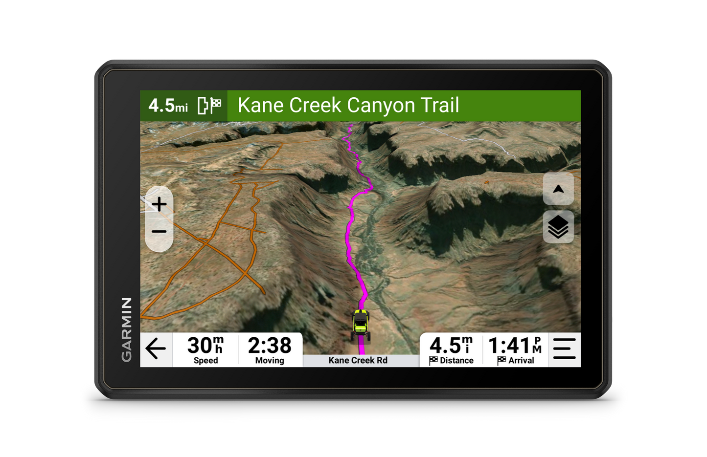Garmin Tread 2 Overland Edition 8-inch all-terrain navigator displaying Kane Creek Canyon Trail map