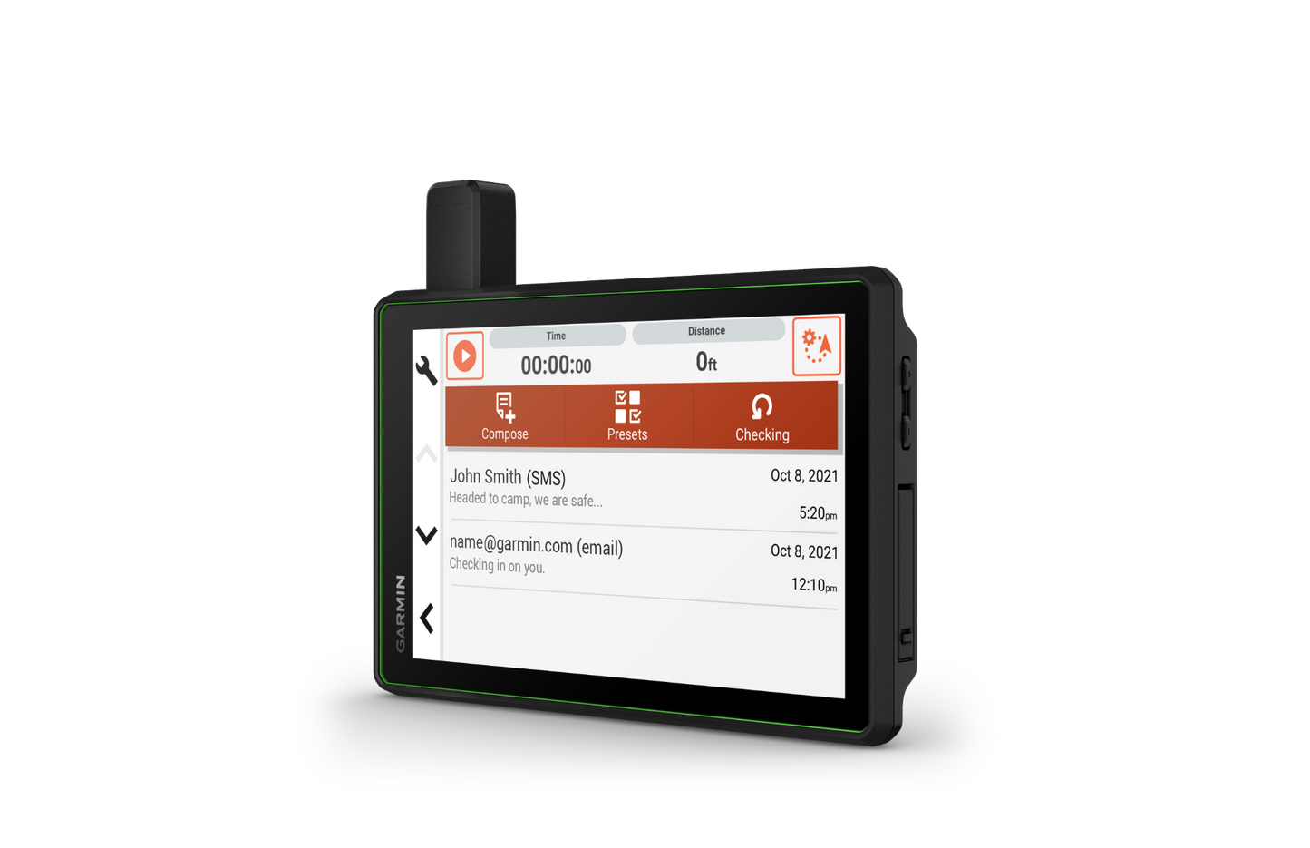 Garmin Tread SxS Edition GPS navigation device, black chassis with green trim and Garmin logo