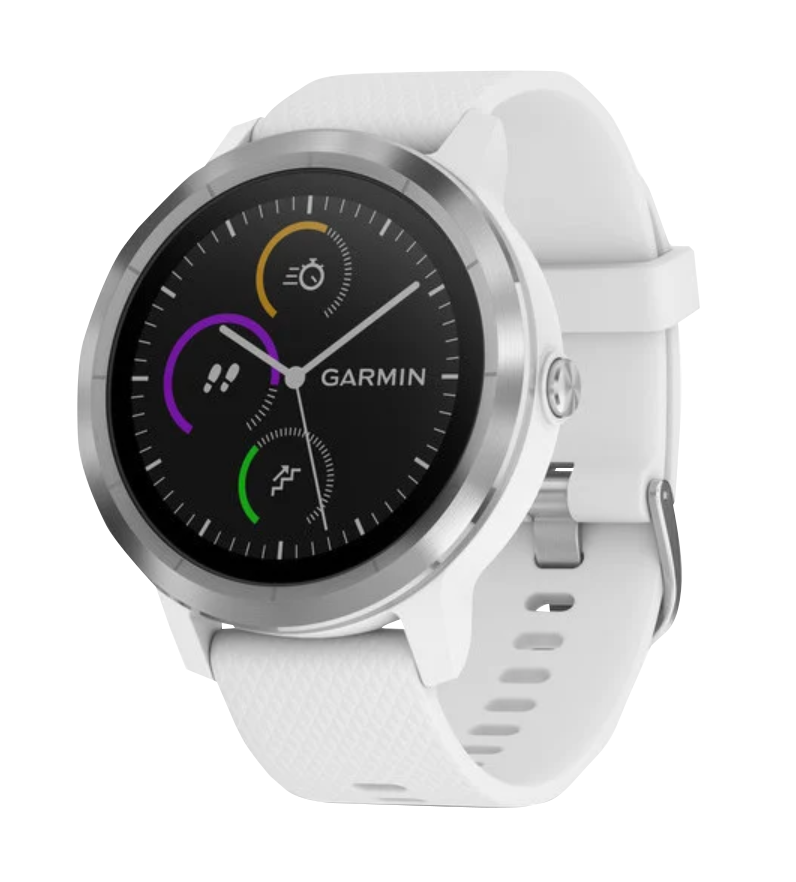 Garmin Vivoactive 3 smartwatch, white band with stainless hardware, GPS-enabled, refurbished