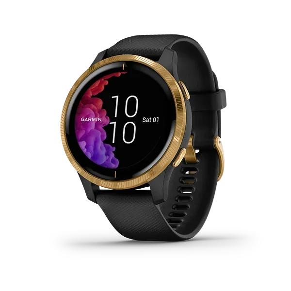 Garmin Venu smartwatch, black band with gold bezel, certified refurbished