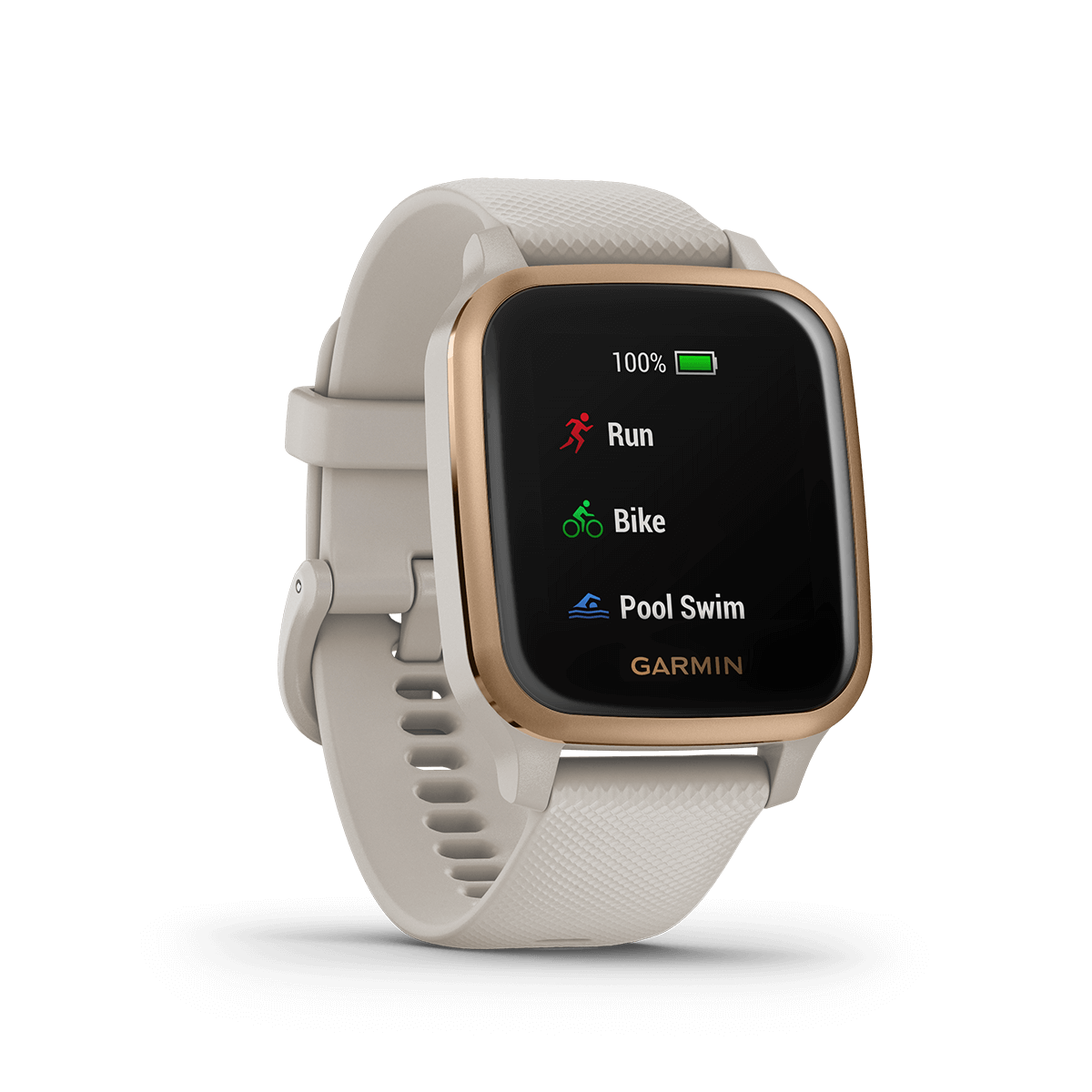 Garmin Venu Sq Music smartwatch in Light Sand with rose gold bezel, refurbished
