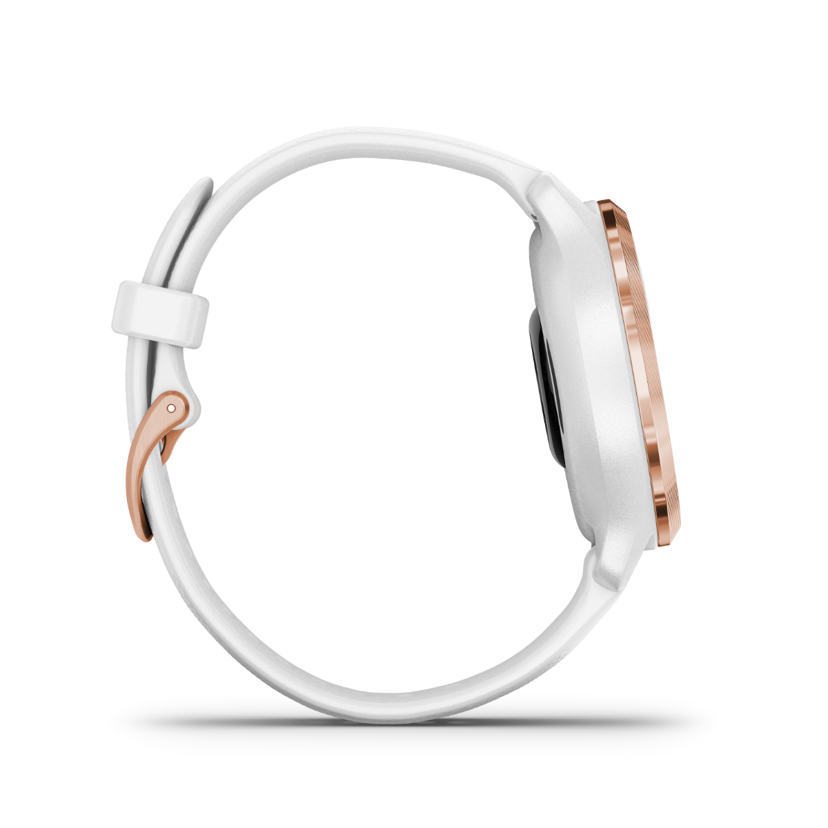 Garmin Venu 2S smartwatch with rose-gold bezel, white case and silicone band.