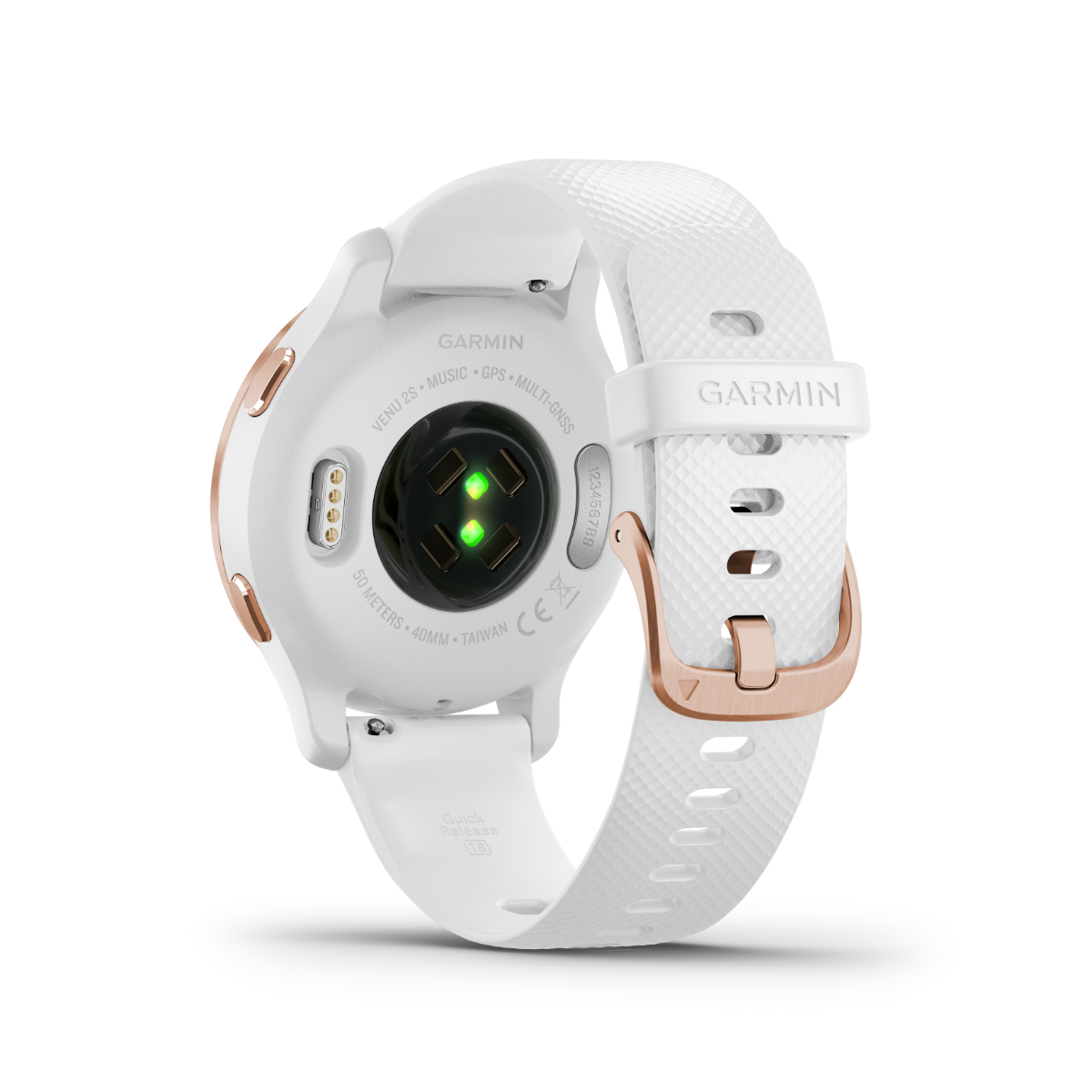 Garmin Venu 2S smartwatch with rose-gold bezel, white case and white silicone band
