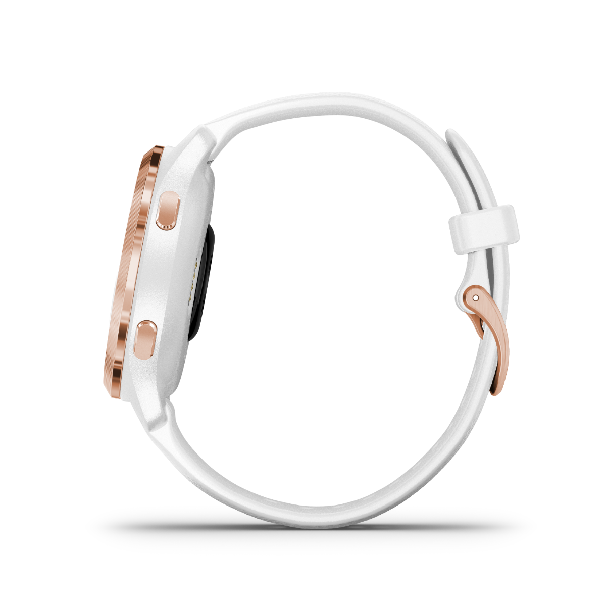 Garmin Venu 2S smartwatch with rose-gold bezel and white silicone band