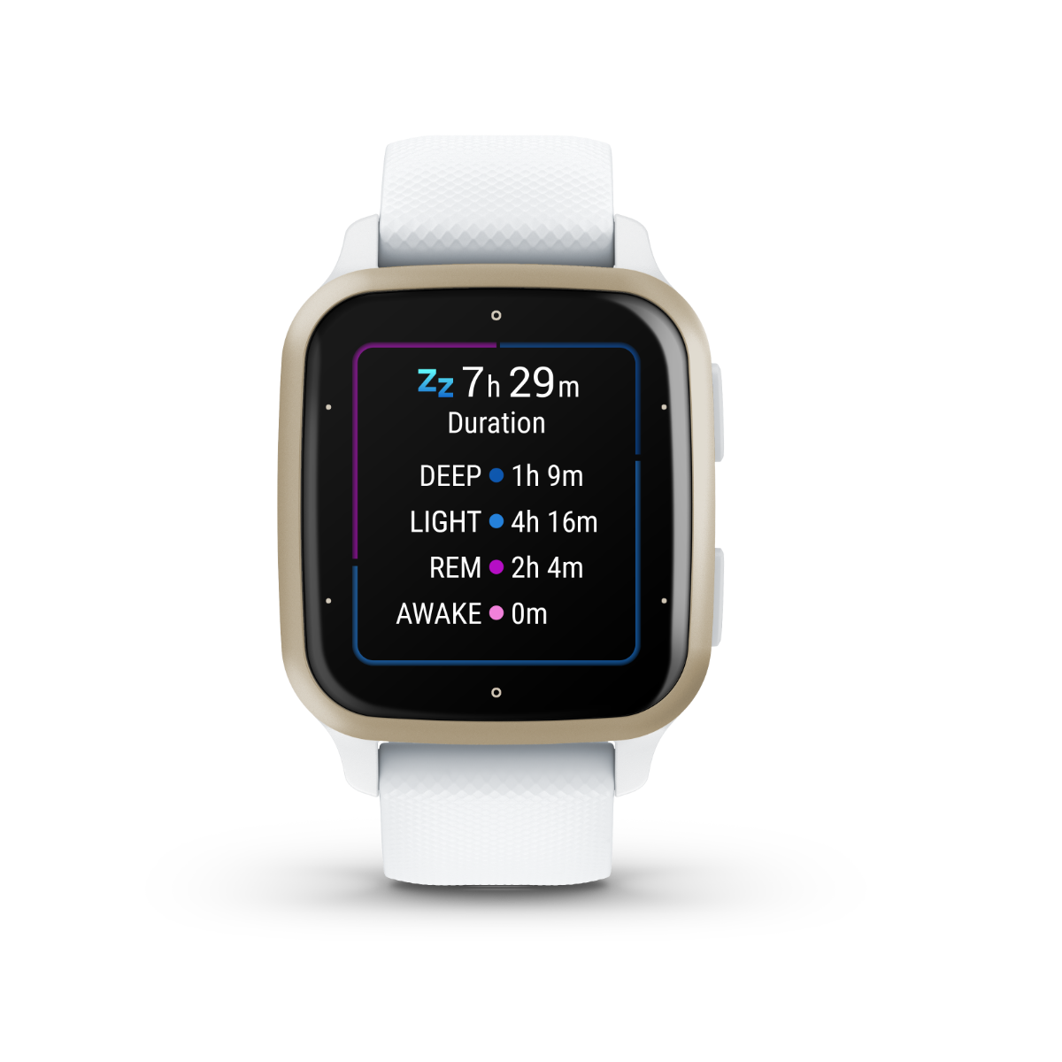 Garmin Venu Sq 2 smartwatch with cream gold aluminum bezel, white case, and silicone band