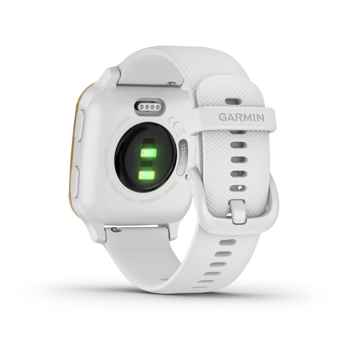 Garmin Venu Sq smartwatch, white band with light gold bezel, model 010-02427-01