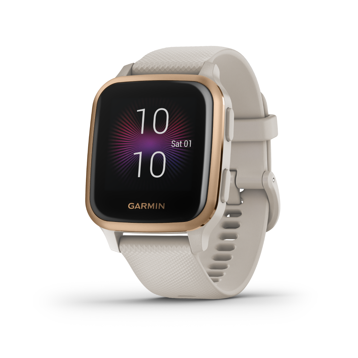 Garmin Venu Sq Music smartwatch, rose gold bezel, tan band, certified refurbished