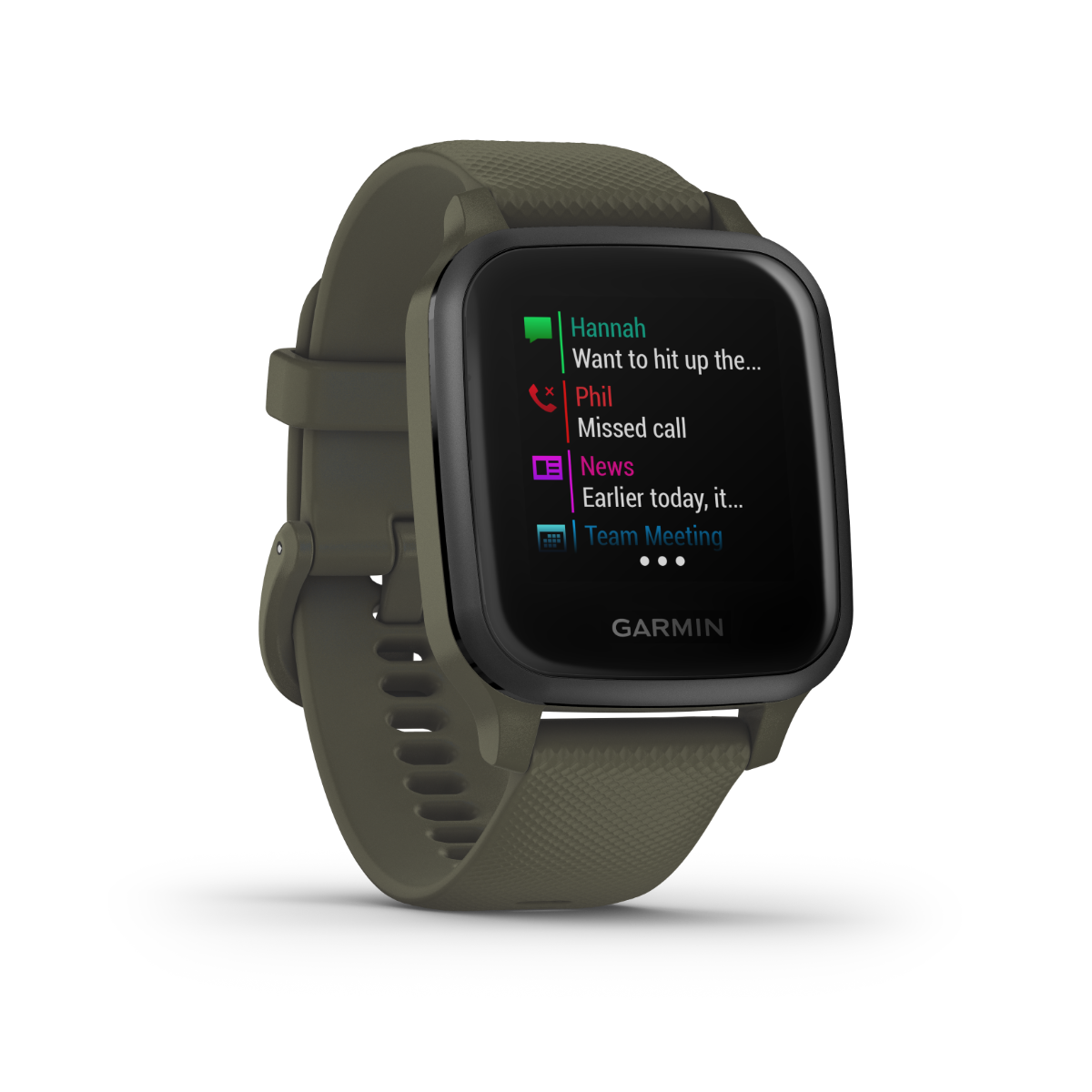 Garmin Venu Sq Music GPS smartwatch with moss strap and slate bezel