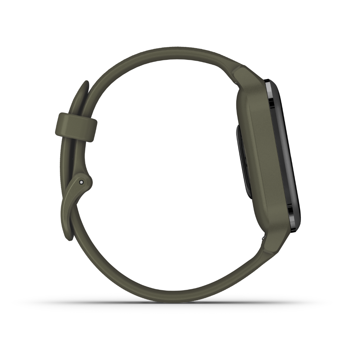 Garmin Venu Sq Music Moss smartwatch with olive-green silicone band (side view)