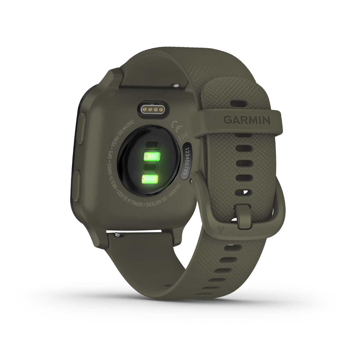 Garmin Venu Sq Music Moss certified refurbished smartwatch with moss-colored band