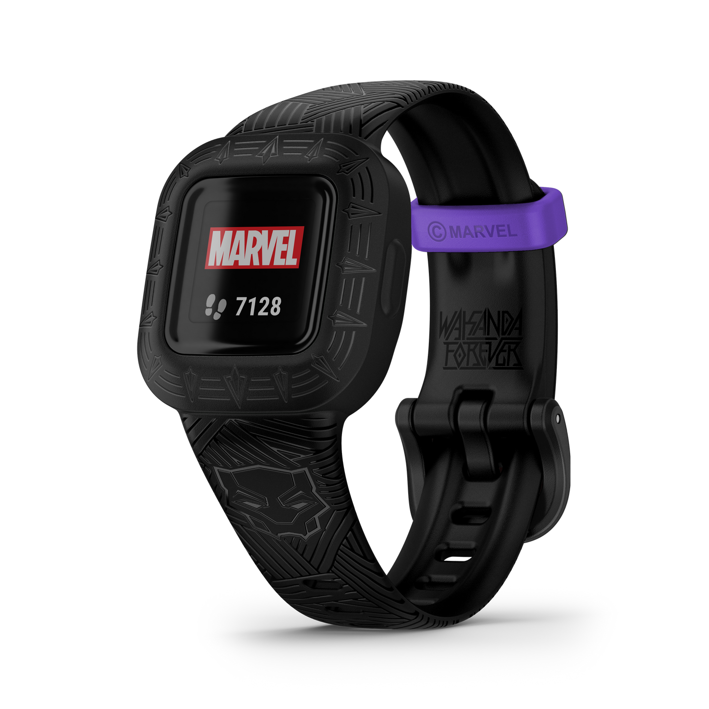 Garmin Vivofit Jr. 3 Marvel Black Panther smartwatch with a black patterned band and purple Marvel strap loop