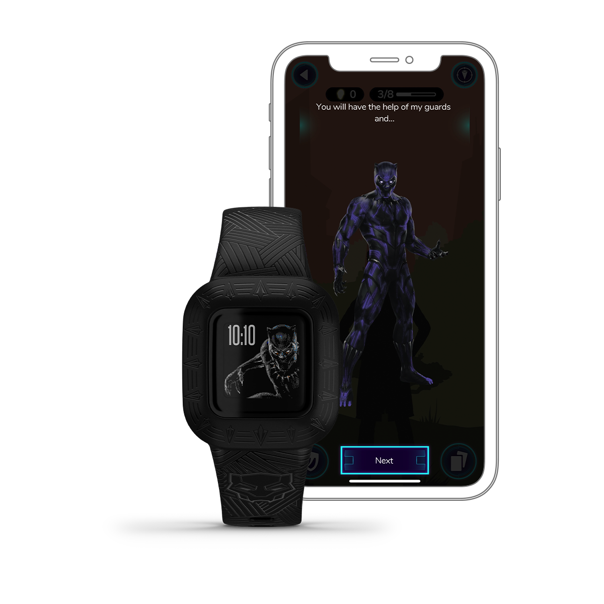Garmin vívofit jr. 3 Marvel Black Panther smart watch, black patterned band with Black Panther on display