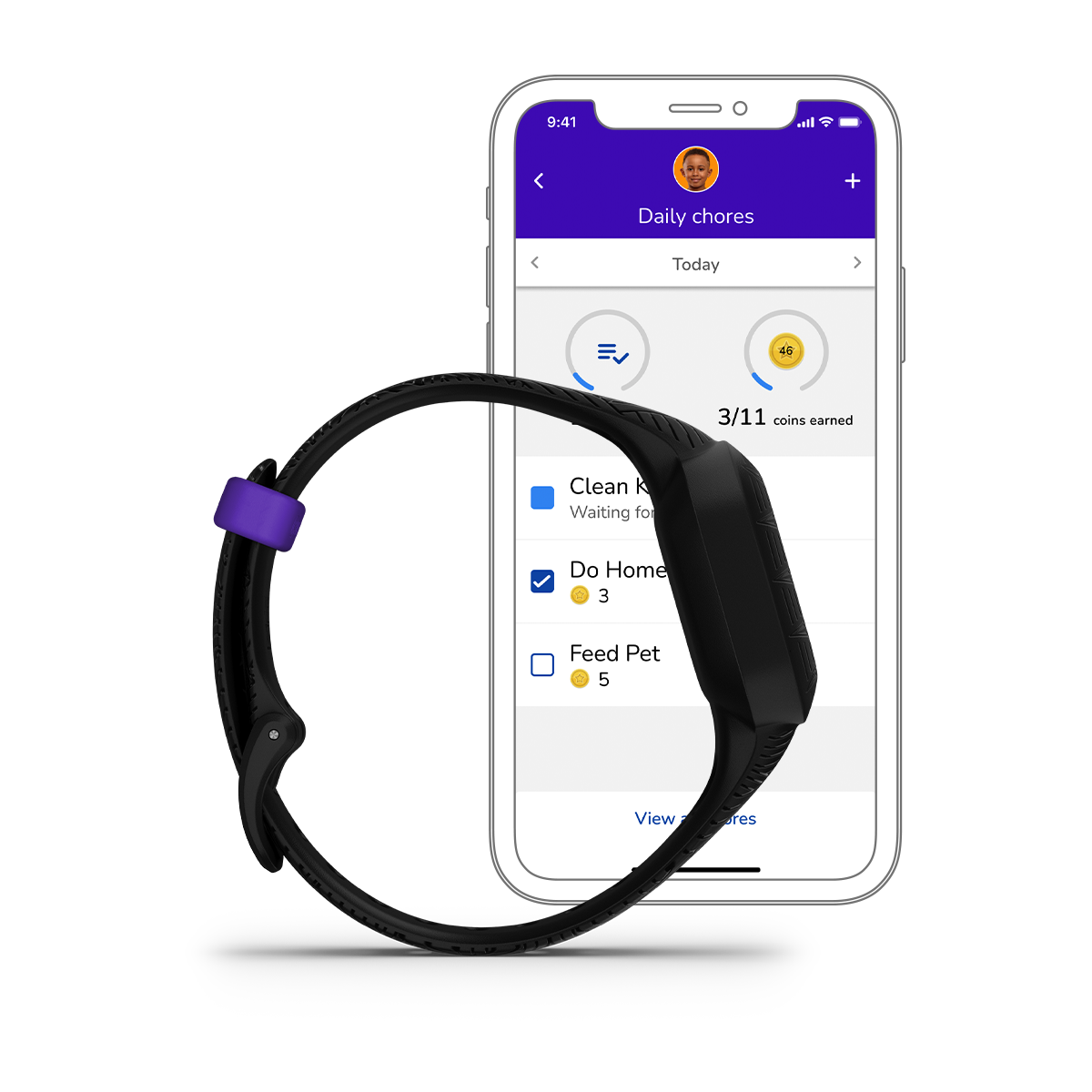 Garmin Vivofit Jr. 3 Marvel Black Panther smartwatch with black band and purple accent, shown with Garmin app on phone