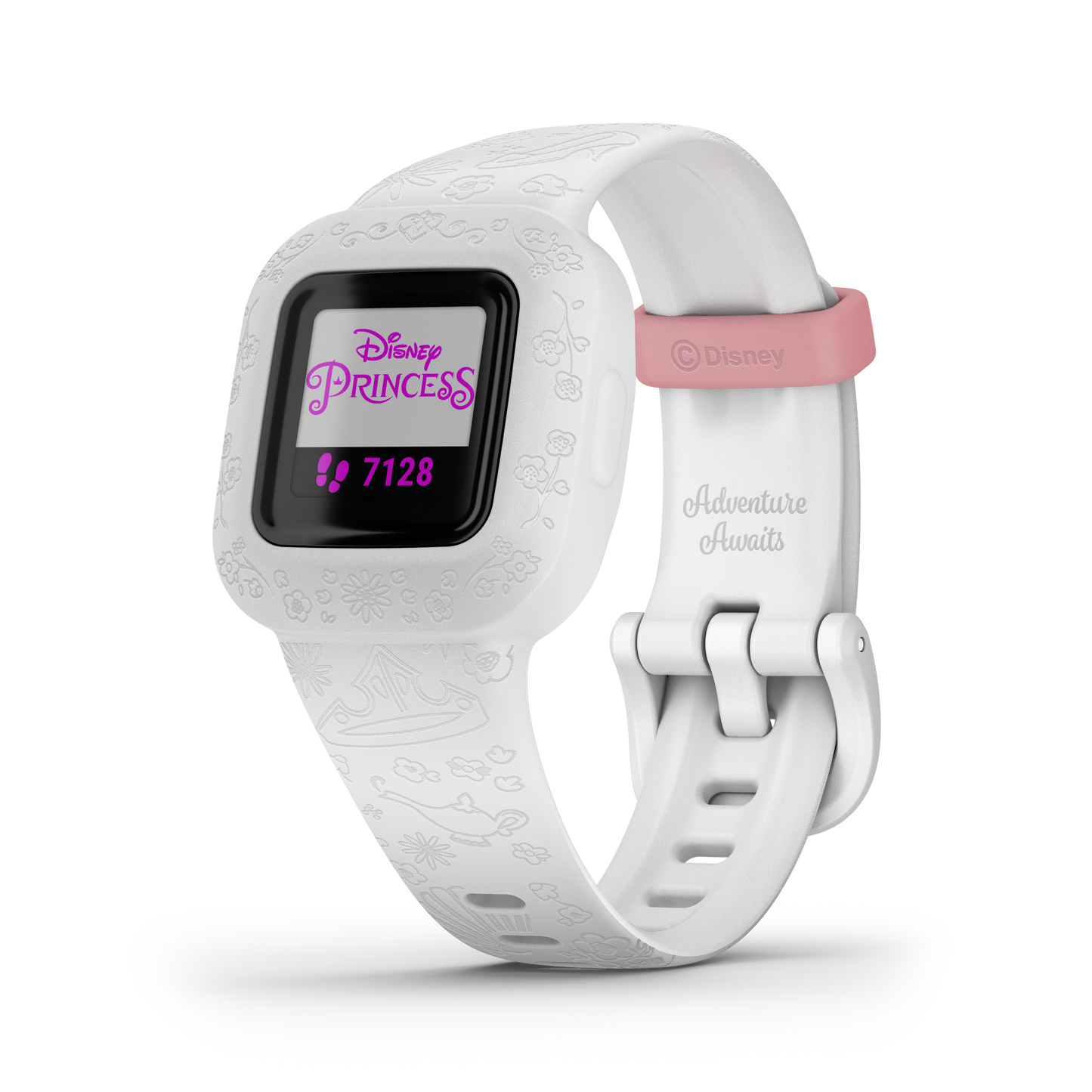 Garmin vívofit jr. 3 Disney Princess smartwatch with white band and pink accent strap