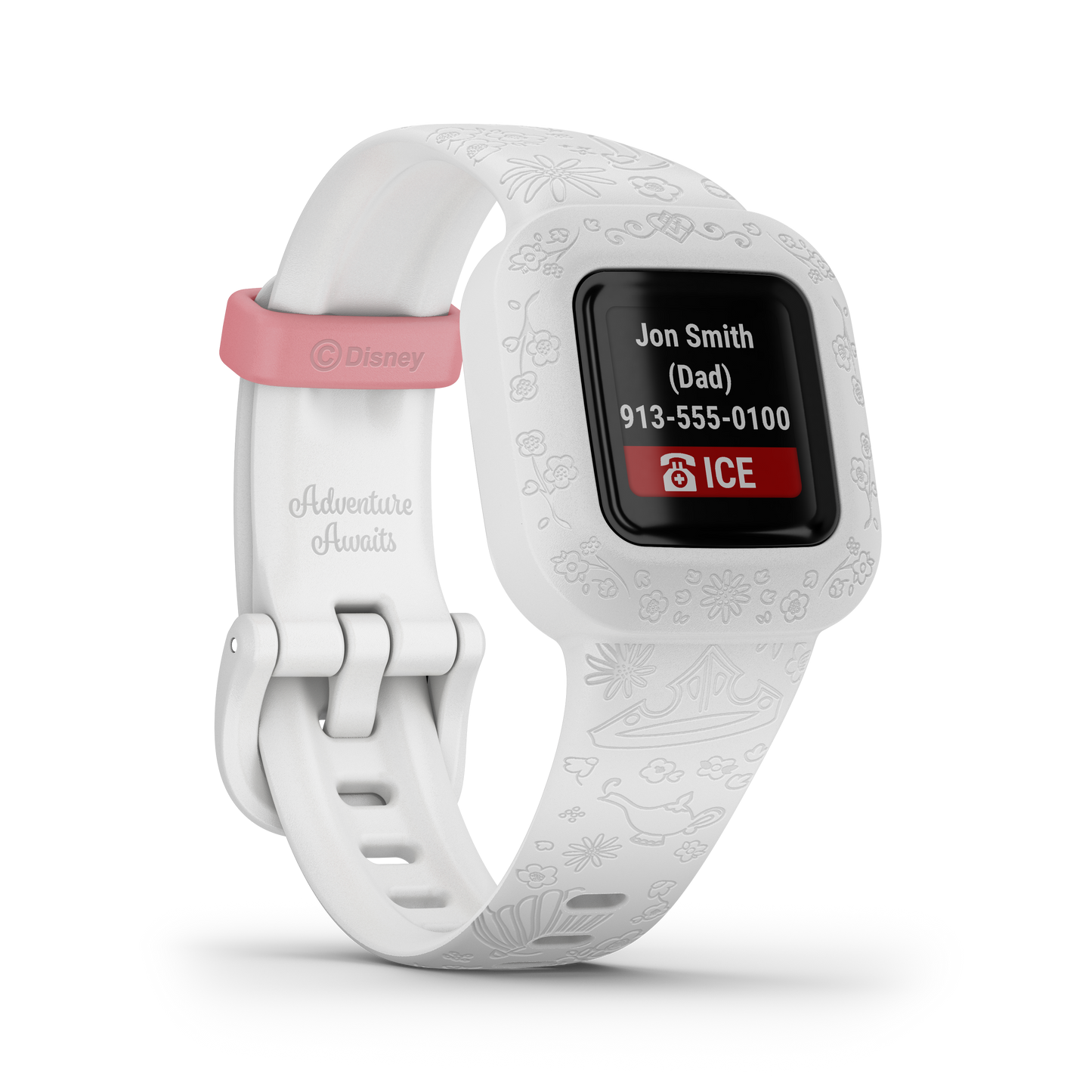 Garmin vívofit jr. 3 Disney Princess smartwatch, white band with floral pattern and pink Disney strap