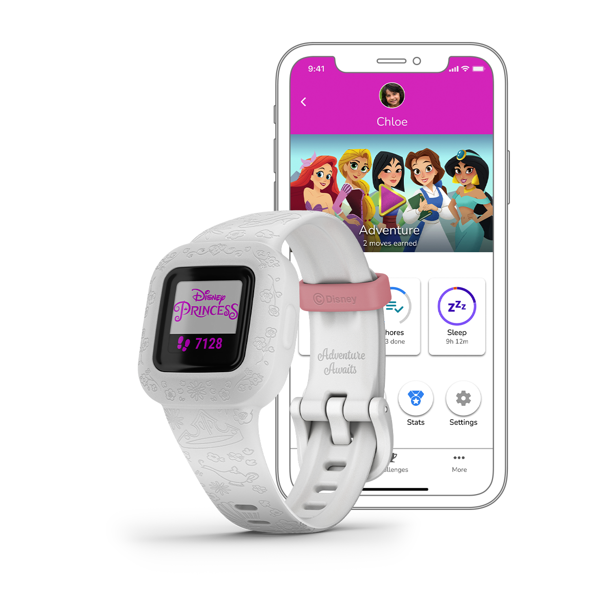 Garmin vivofit jr. 3 Disney Princess smartwatch with white patterned band and pink clasp