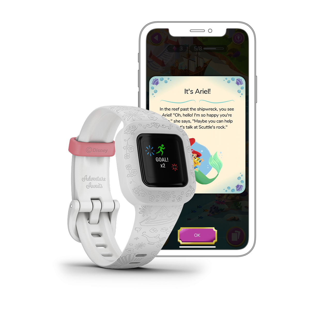 Garmin vívofit jr. 3 Disney Princess smartwatch with white floral-patterned band
