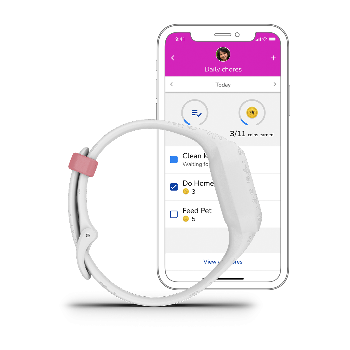 Garmin Vivofit Jr. 3 Disney Princess smartwatch with white band and pink clasp