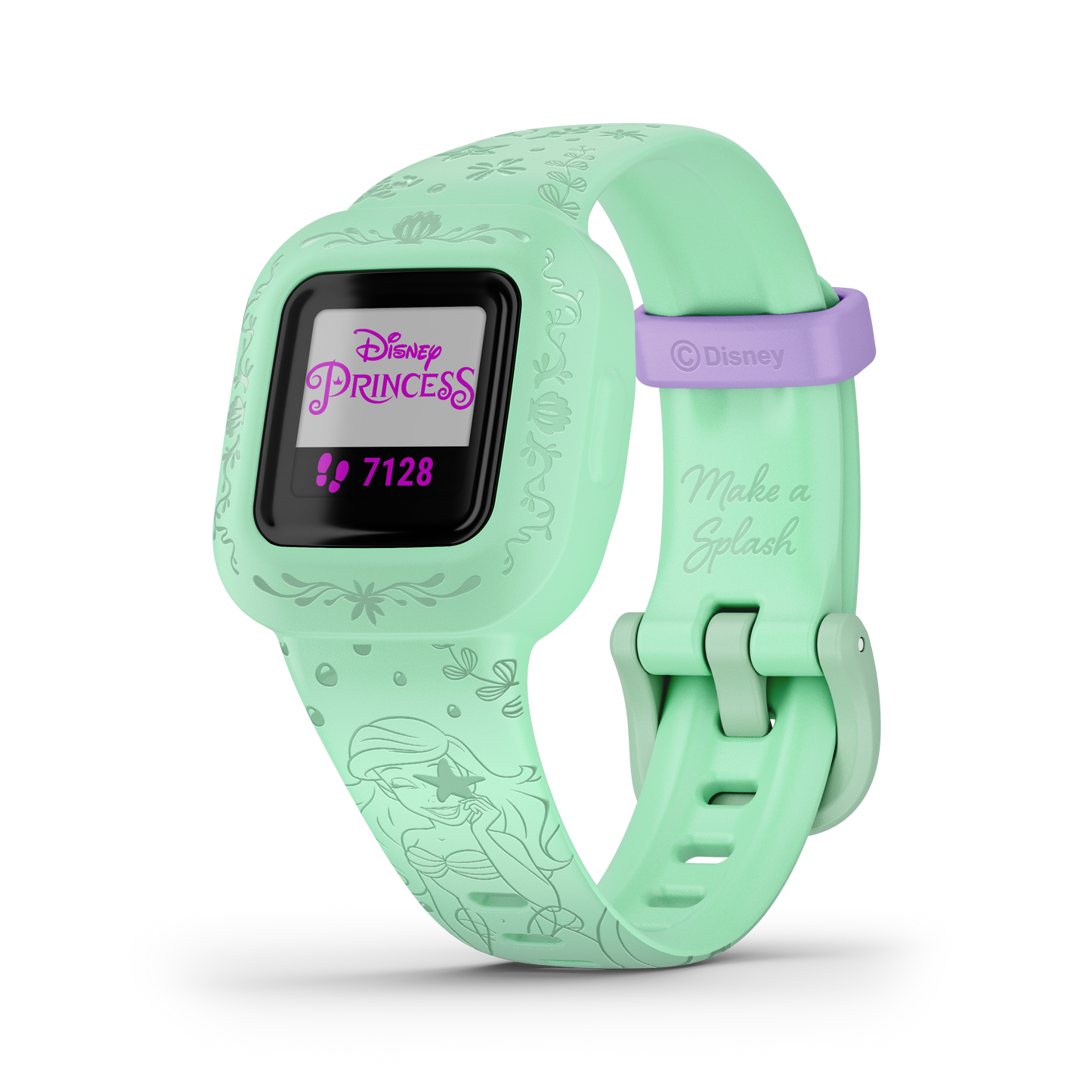 Garmin Vivofit jr 3 Disney Princess smartwatch, mint green with purple band, display shows 7128 steps