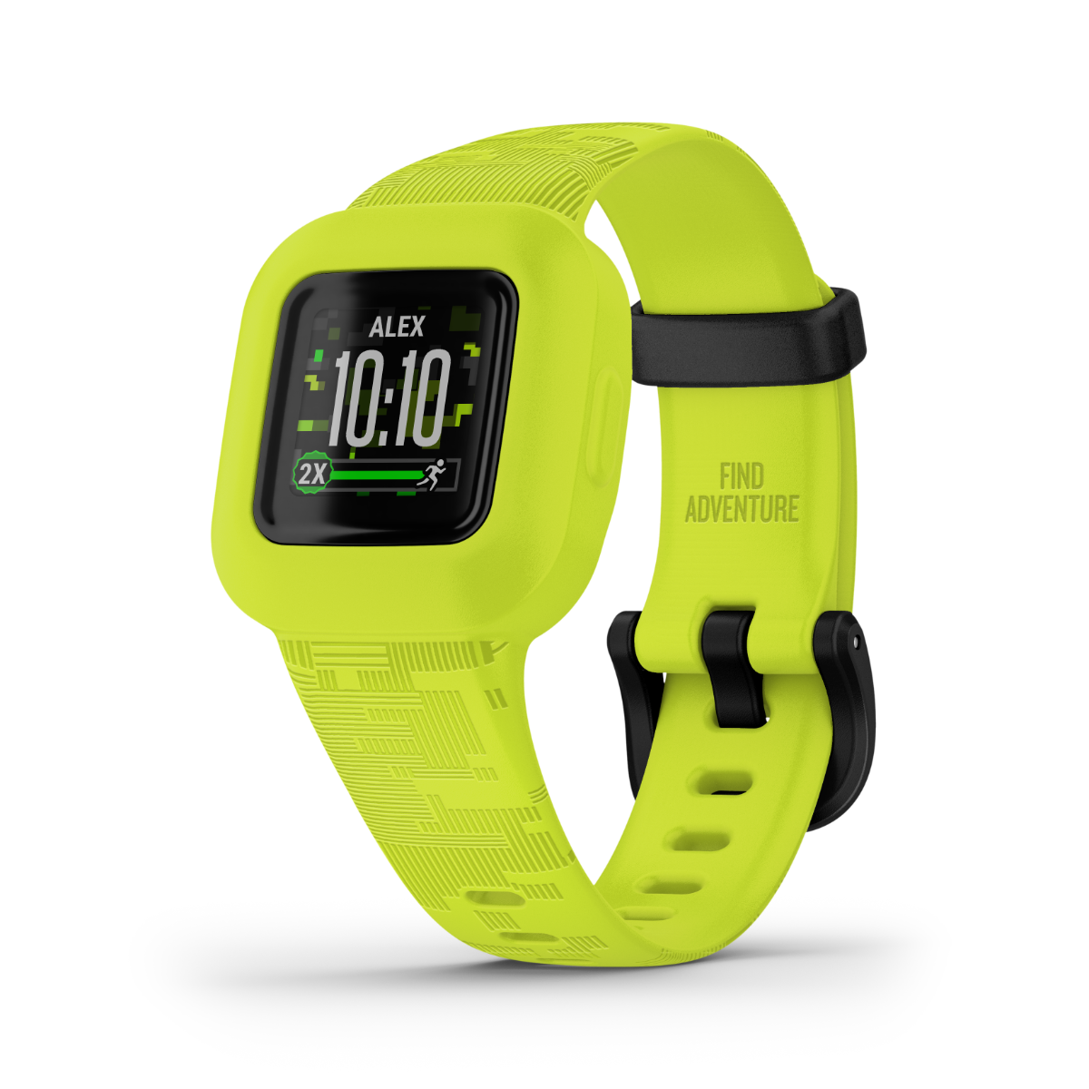 Garmin vivofit jr. 3 Digi Camo activity tracker in lime green with black buckle.