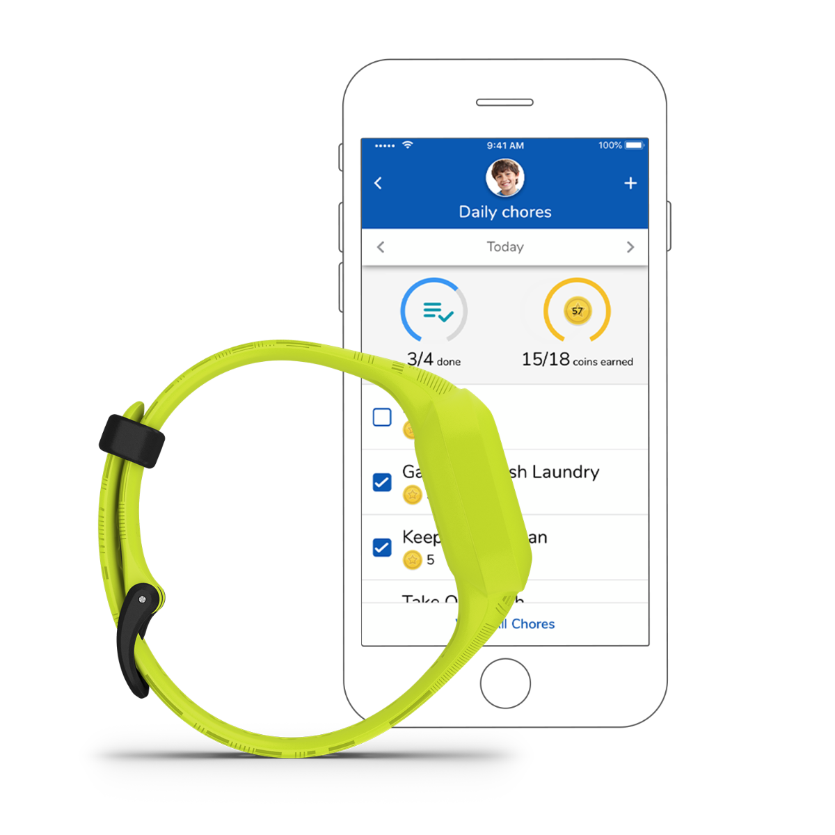 Garmin vivofit jr. 3 Digi Camo fitness band in lime yellow beside a smartphone displaying a daily chores app