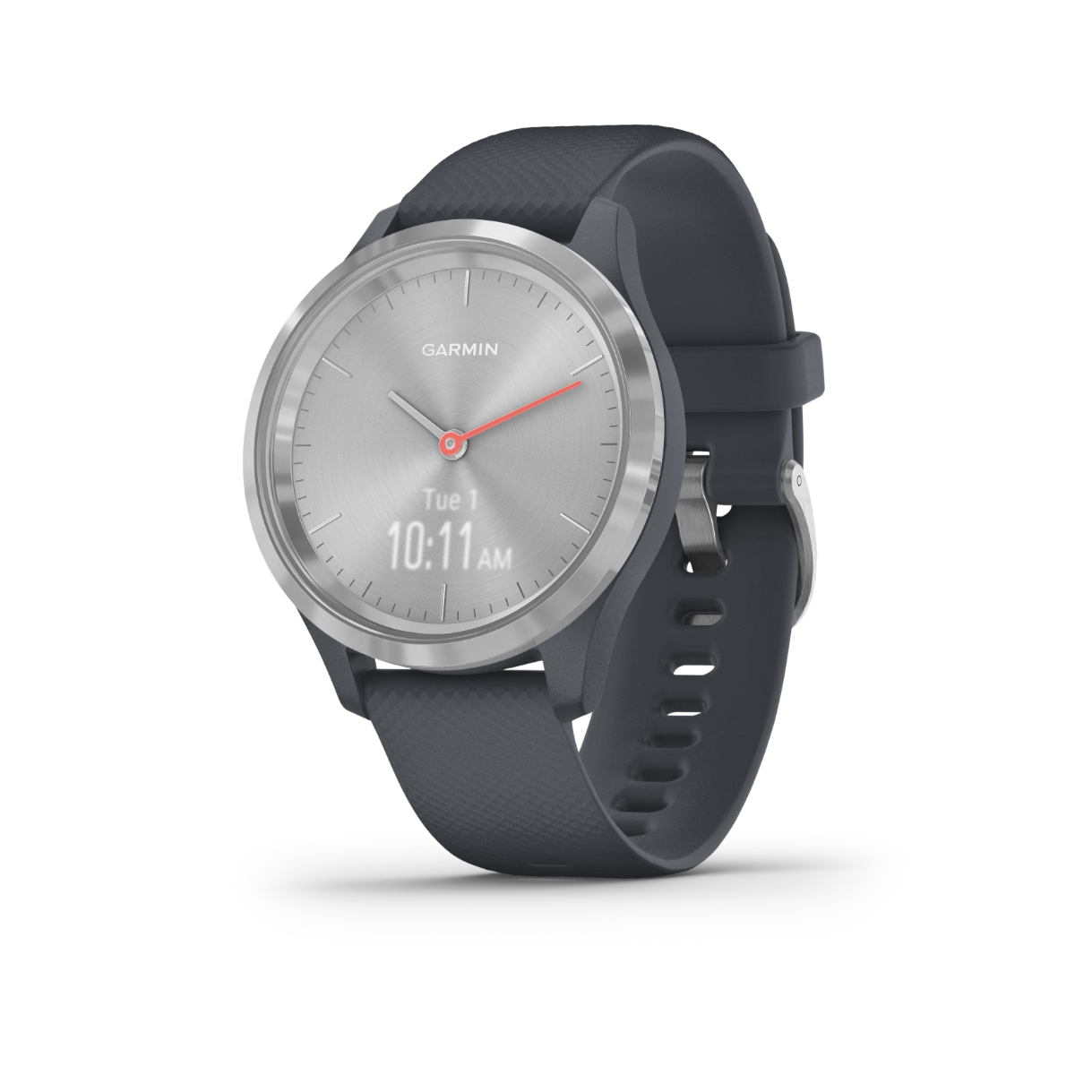 Garmin Vívomove 3S smartwatch with silver case and granite blue band, Garmin Certified Refurbished