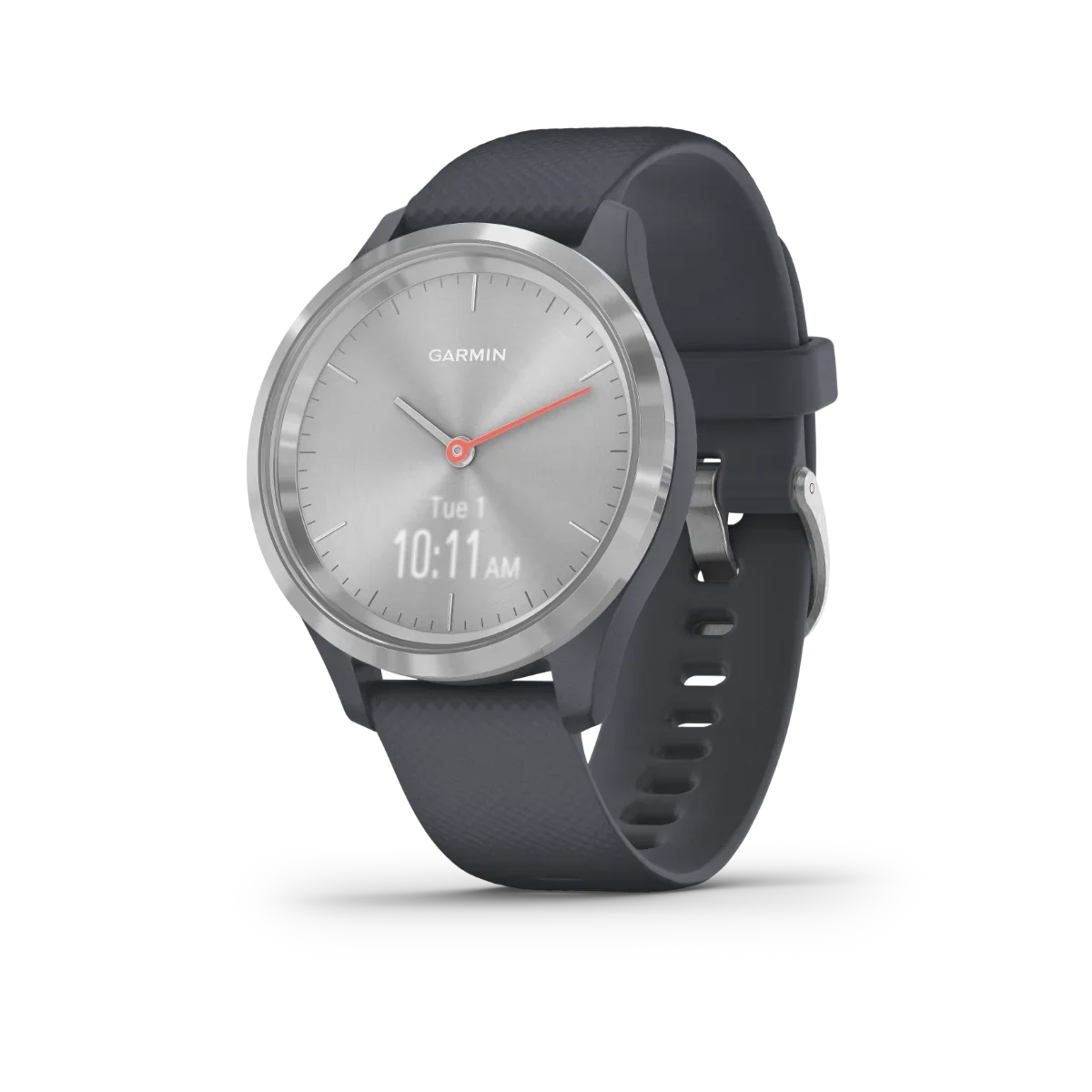 Garmin Vívomove 3S smartwatch with silver case and granite blue band, Garmin Certified Refurbished
