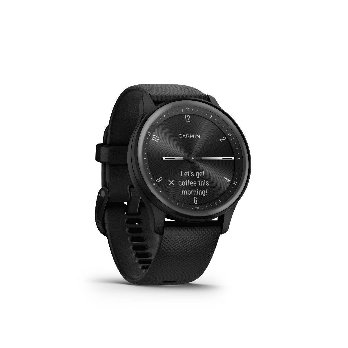 Garmin Vivomove Sport Black with Slate Accents smartwatch, black strap, slate bezel.