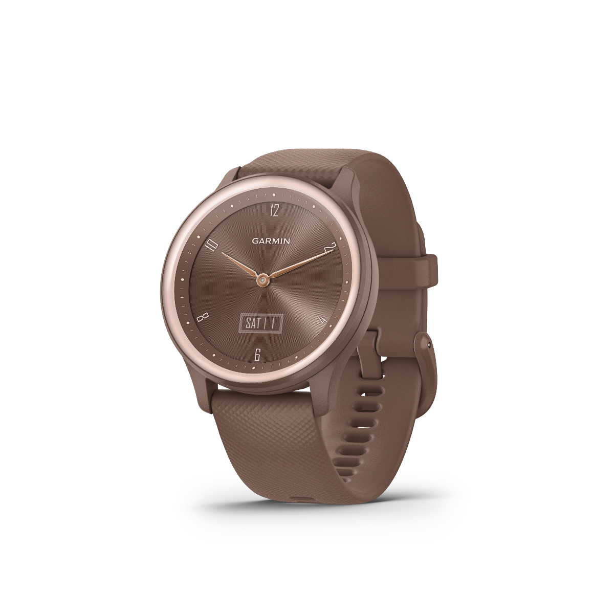 Garmin Vivomove Sport cocoa smartwatch with peach gold accents and brown strap