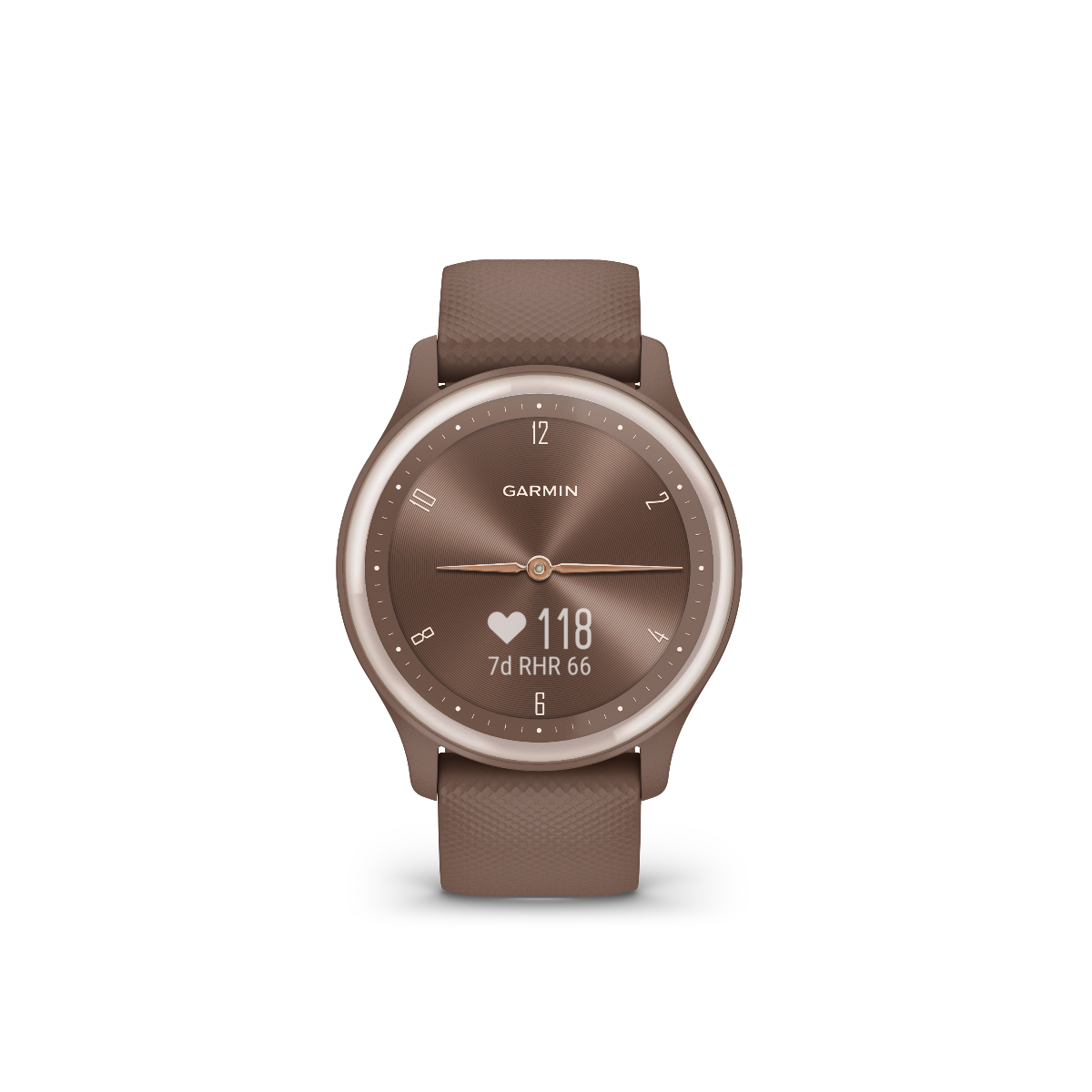 Garmin Vivomove Sport cocoa smartwatch with peach-gold accents and brown textured strap