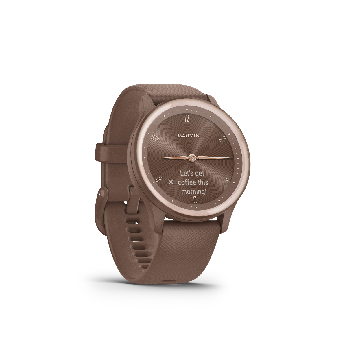 Garmin Vivomove Sport cocoa smartwatch with peach gold accents and brown strap