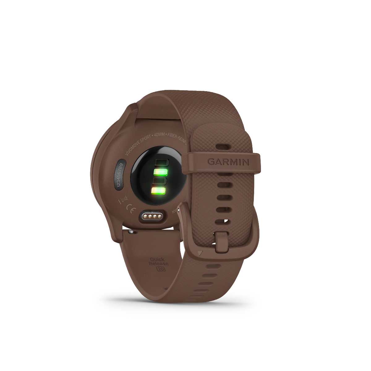 Garmin Vivomove Sport cocoa watch with peach gold accents, brown silicone band, rear sensor.