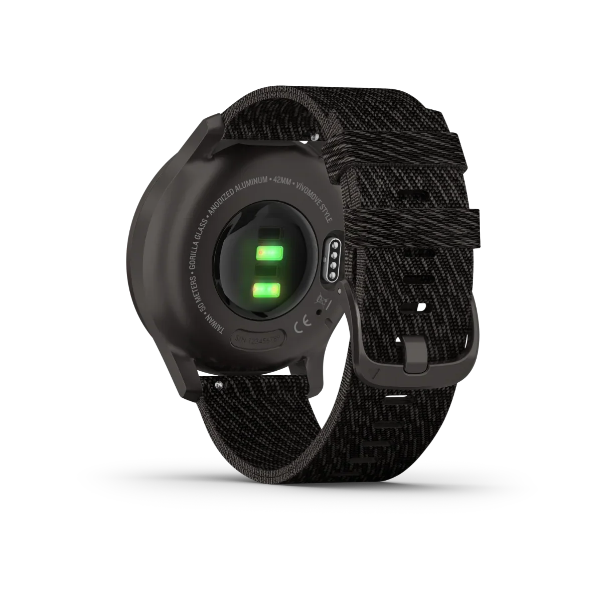 Garmin Vivomove Style graphite GPS smartwatch with black pepper woven nylon band, certified refurbished