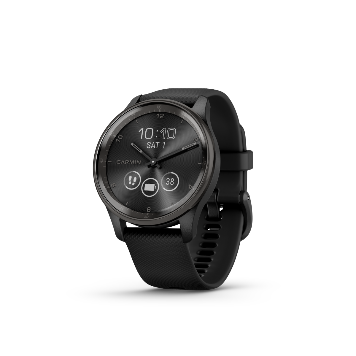 Garmin vivomove Trend smartwatch with slate stainless steel bezel, black case and silicone band.