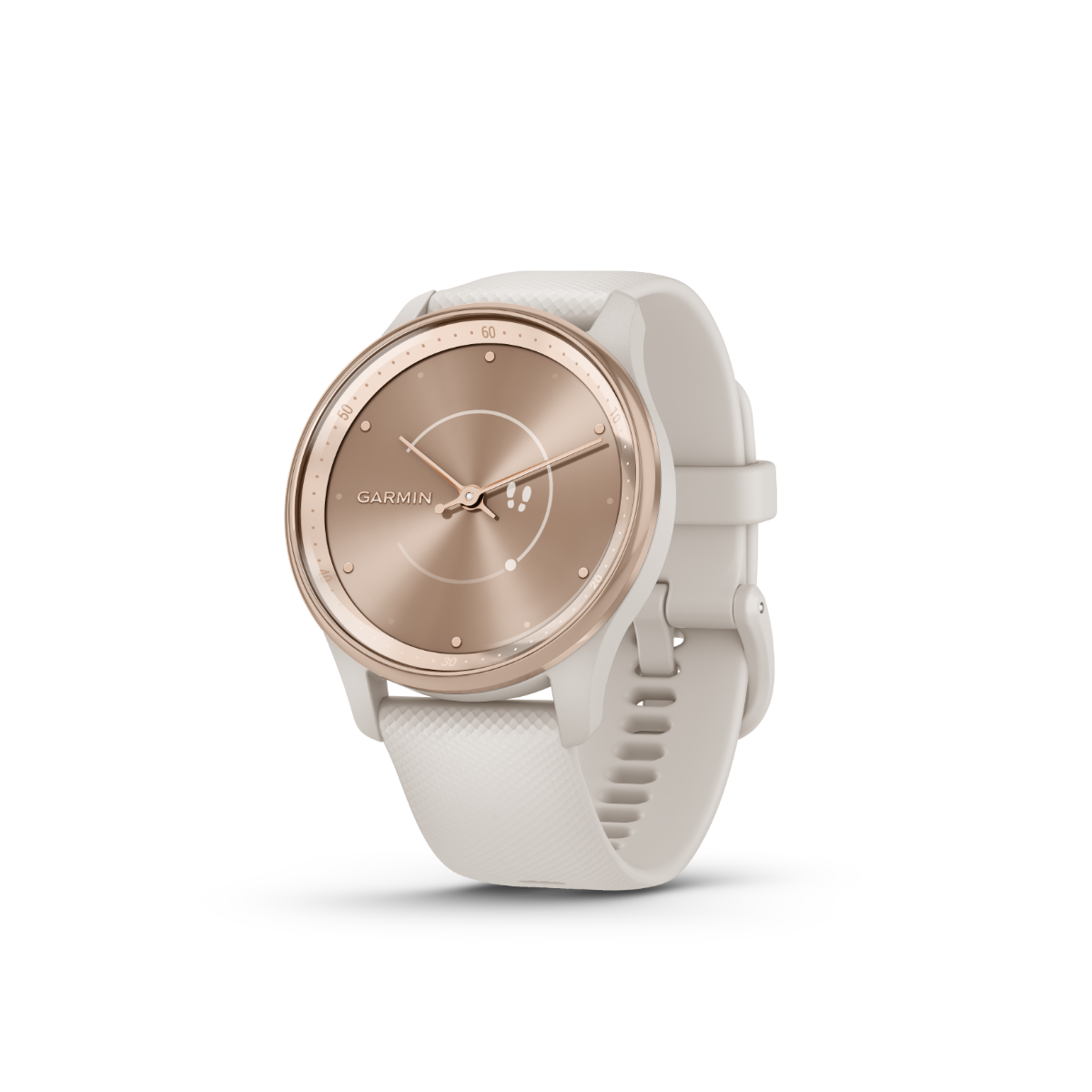 Garmin vivomove Trend watch, peach-gold bezel with ivory case and white silicone band.