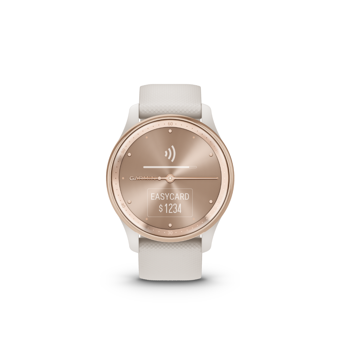 Garmin vivomove Trend watch, peach-gold bezel, ivory case, white silicone band