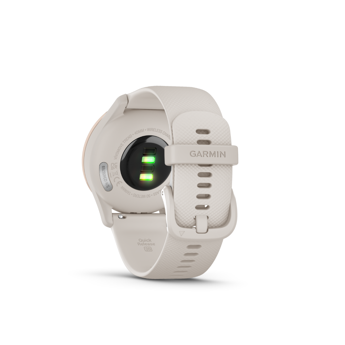 Garmin vivomove Trend watch with peach-gold bezel, ivory case and silicone band; Garmin branding.