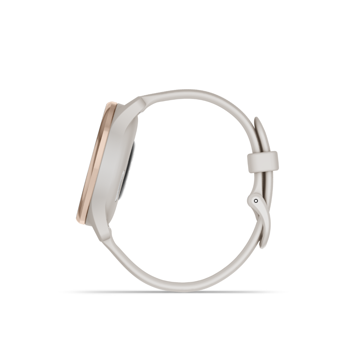 Garmin vivomove Trend smartwatch with peach gold bezel, ivory case, and white silicone band