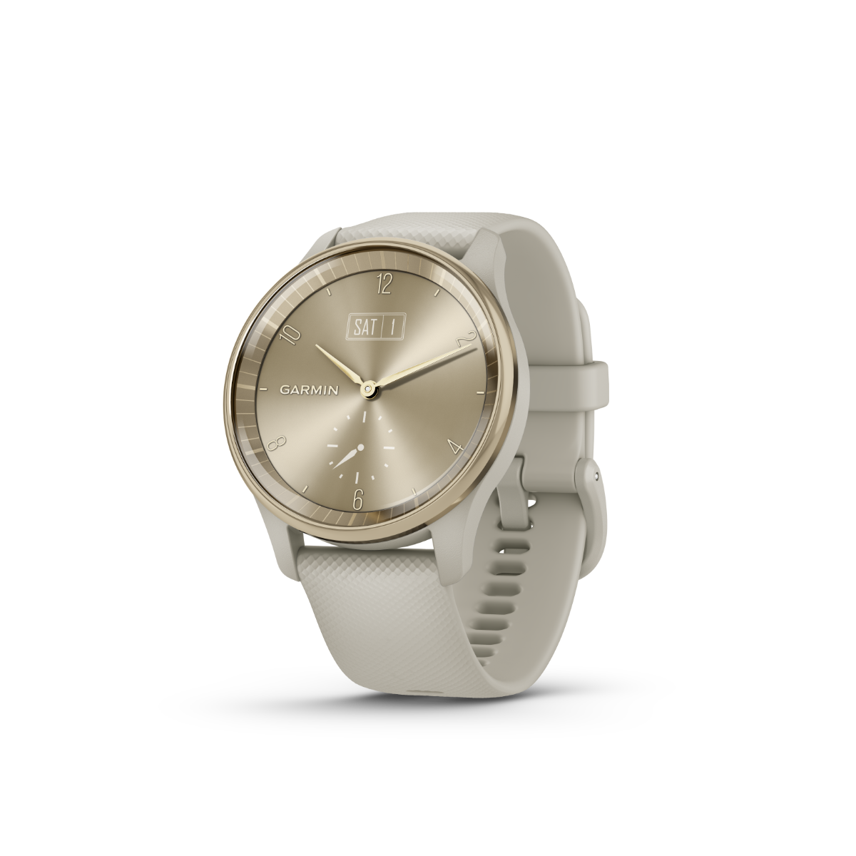 Garmin vivomove Trend smart watch with cream silicone band, champagne gold bezel, and French gray case