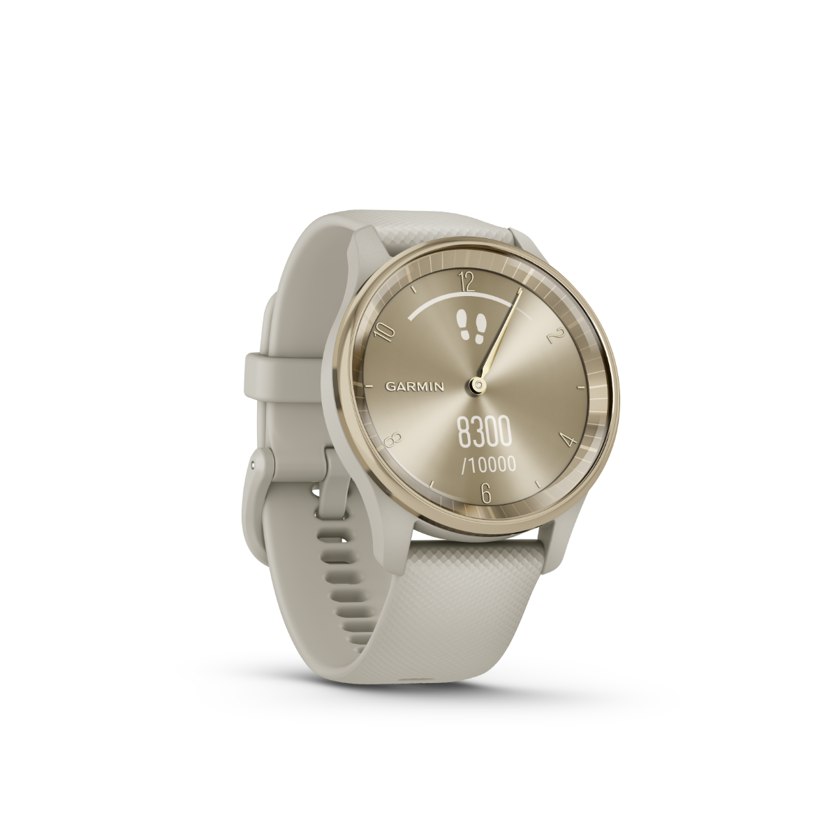 Garmin vivomove Trend watch, cream gold-tone bezel with French gray case and silicone band