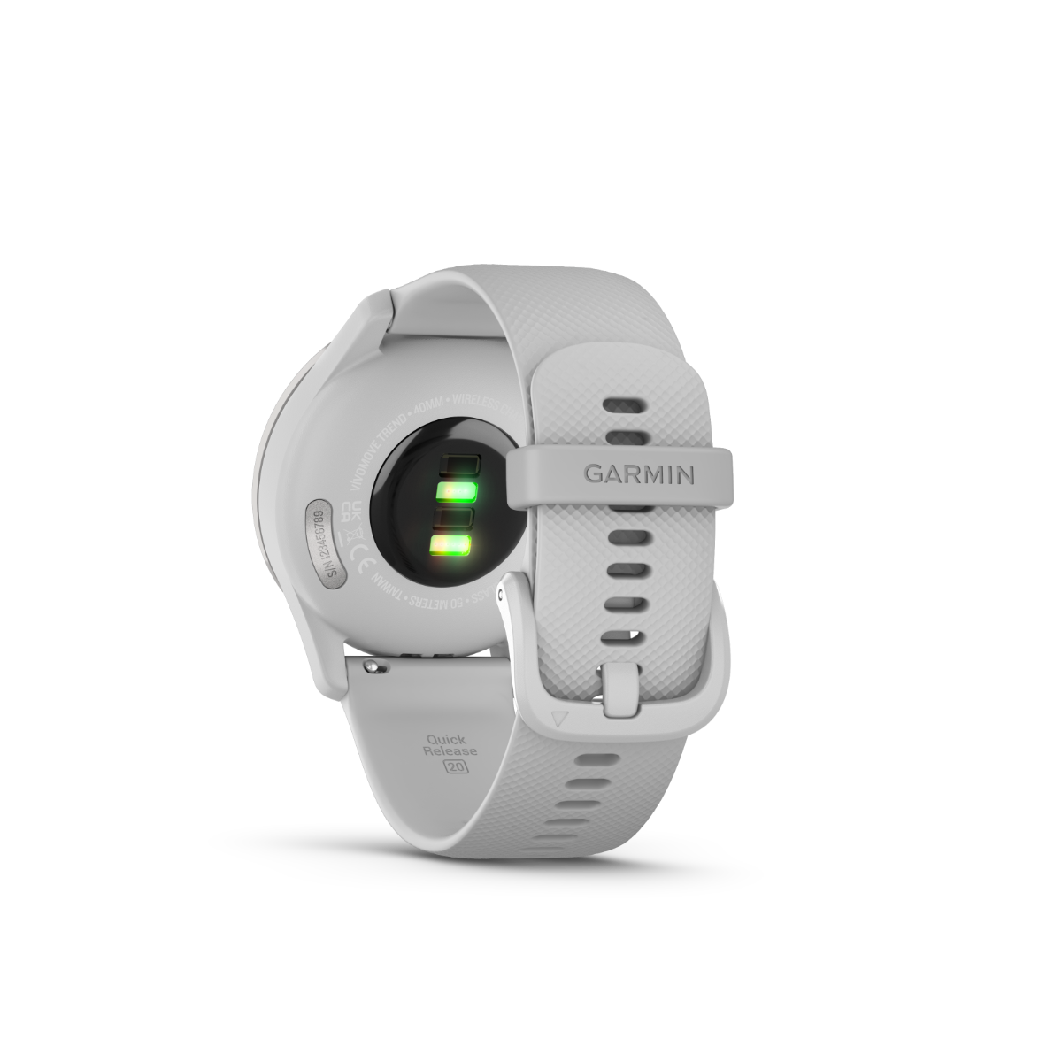Garmin vivomove Trend smartwatch back view with white silicone band and silver bezel