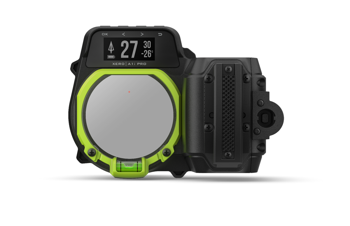 Garmin Xero A1i PRO left-handed bow sight with neon lime frame and digital display