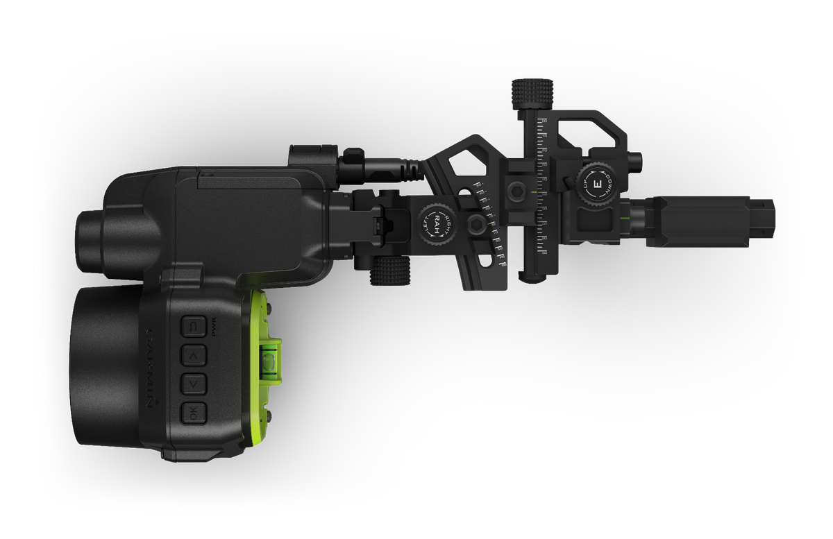 Xero A1i PRO left-handed bow sight by Garmin, black with lime-green accents, adjustable dials