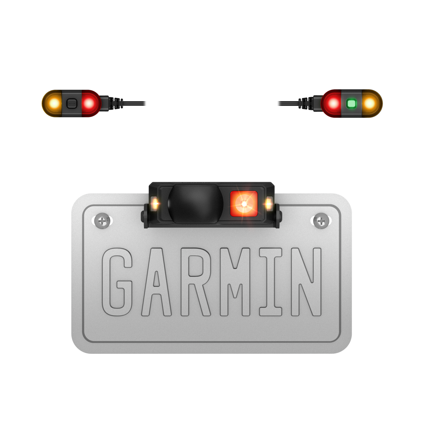 Garmin Xero R1 motorcycle radar twin modules with red and amber LED indicators mounted on a license-plate frame